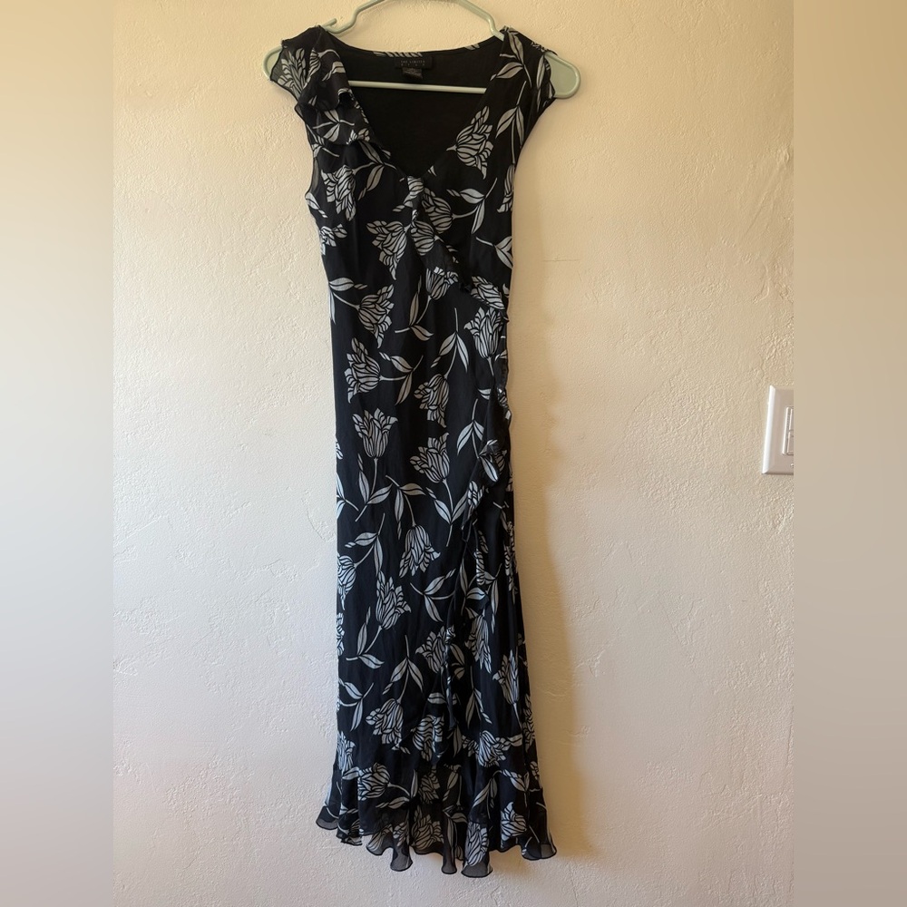The Limited Silk Black and Blue Floral Bias Cut Midi Dress - size 0